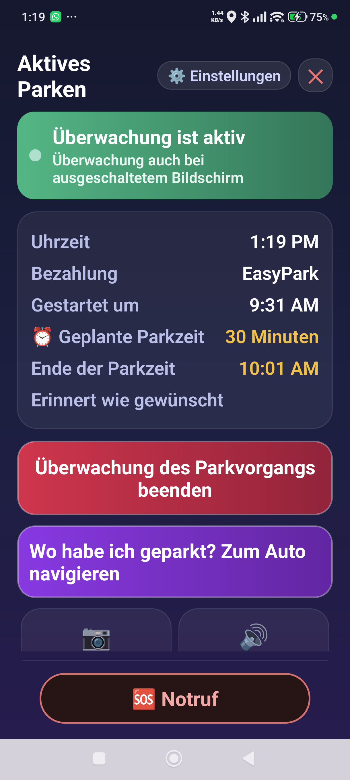 Der Bildschirm des aktiven Parkens für ein mit einer Park-App gestartetes Parken