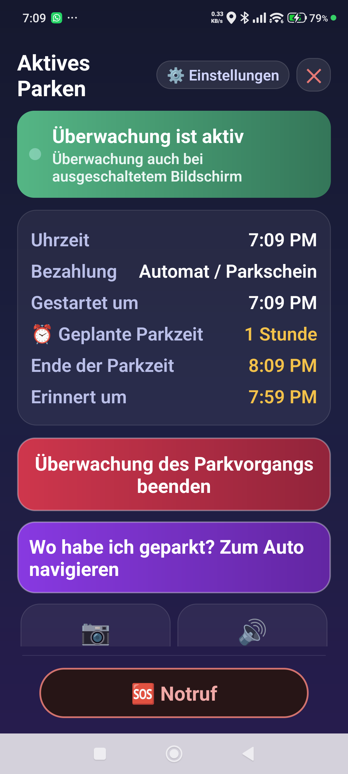 Der Bildschirm des aktiven Parkens für ein am Automaten oder mit Parkschein gestartetes Parken