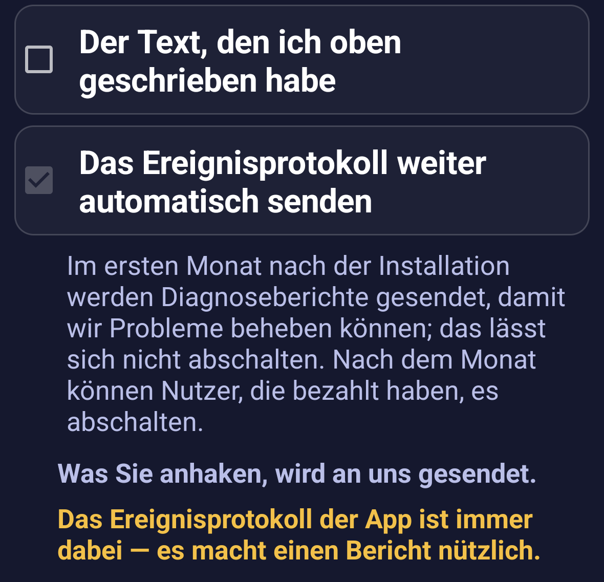 Der Schalter für den automatischen Bericht auf dem Bildschirm „Schreiben Sie uns“