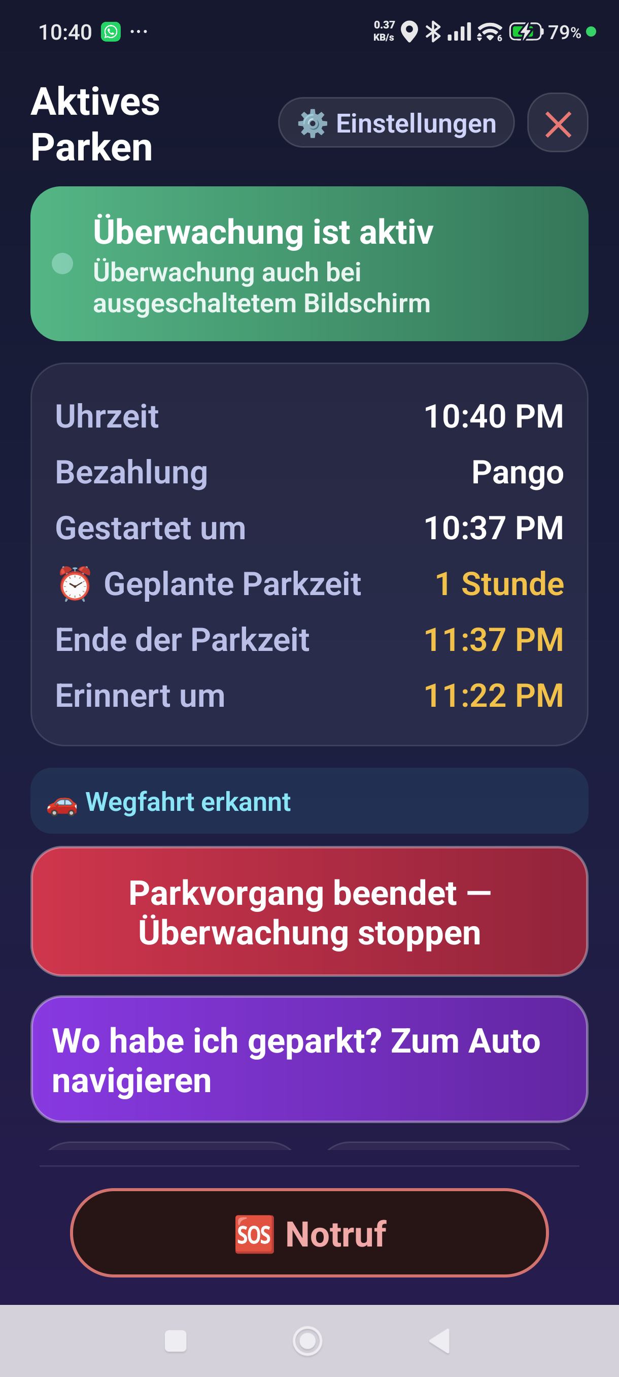 Der Parkbildschirm, nachdem eine Wegfahrt erkannt wurde — „Wegfahrt erkannt“