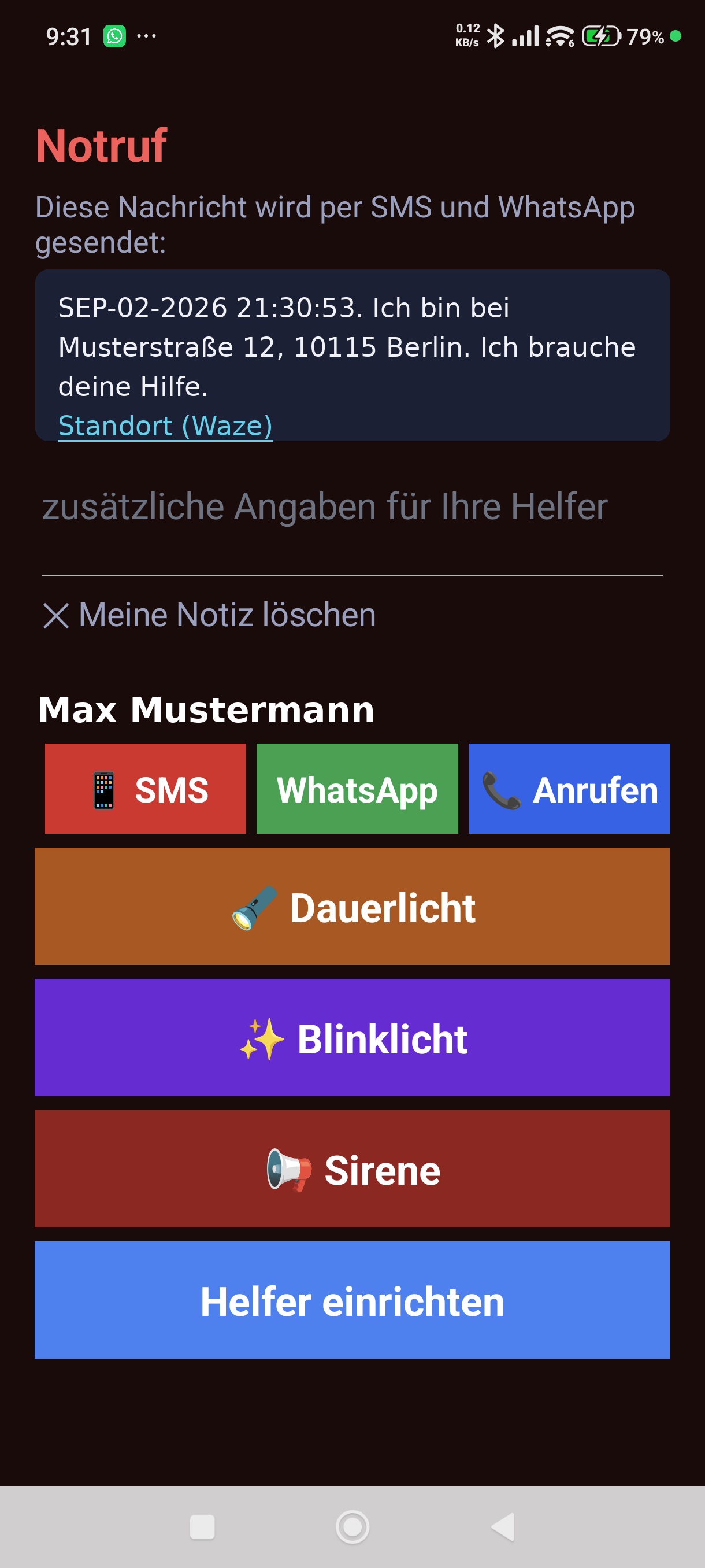 Der Notfall-Bildschirm · die Angaben im Bild sind Beispieldaten