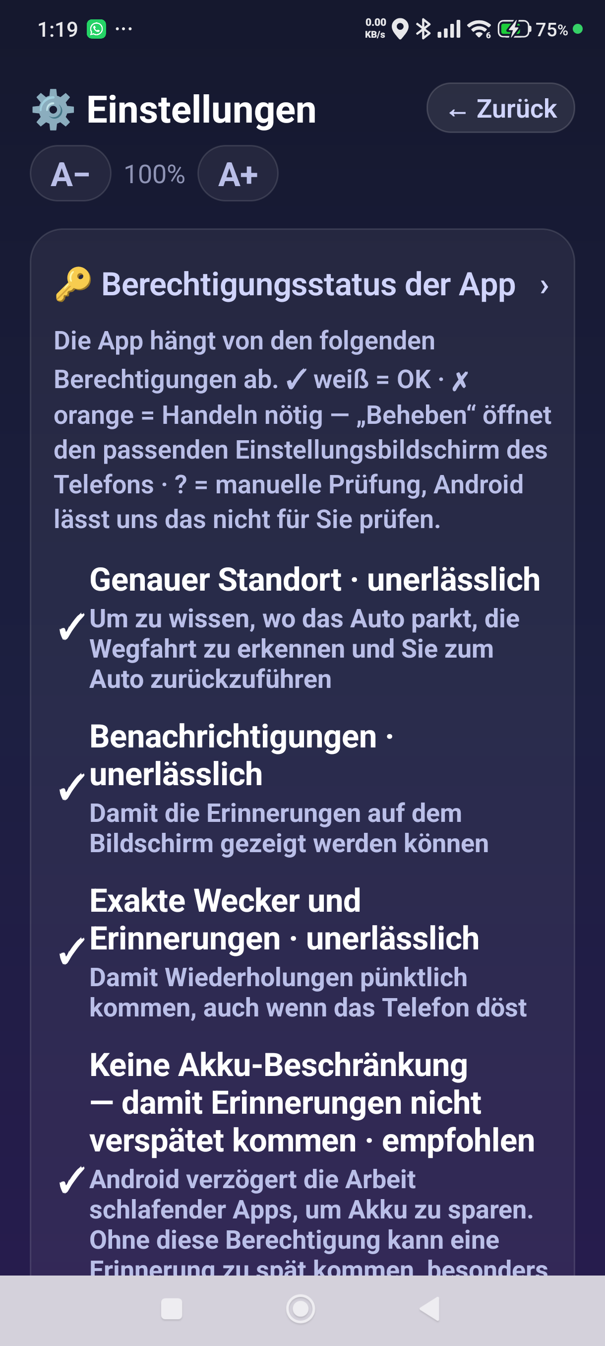 Der Berechtigungsstatus der App
