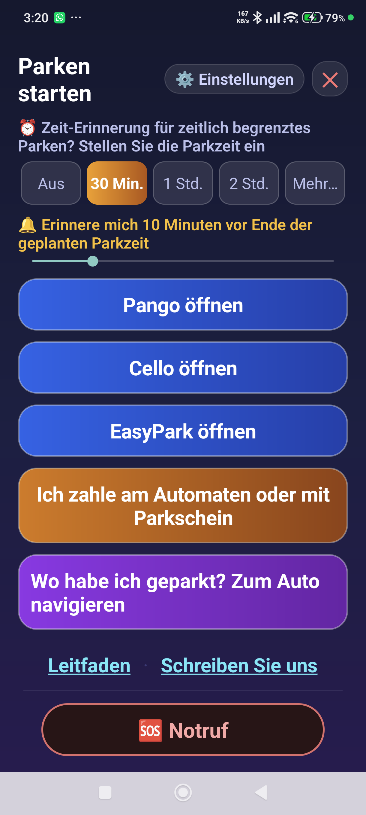 Der Startbildschirm der Überwachung — eine Schaltfläche für jede Park-App und die Wahl der Zeit