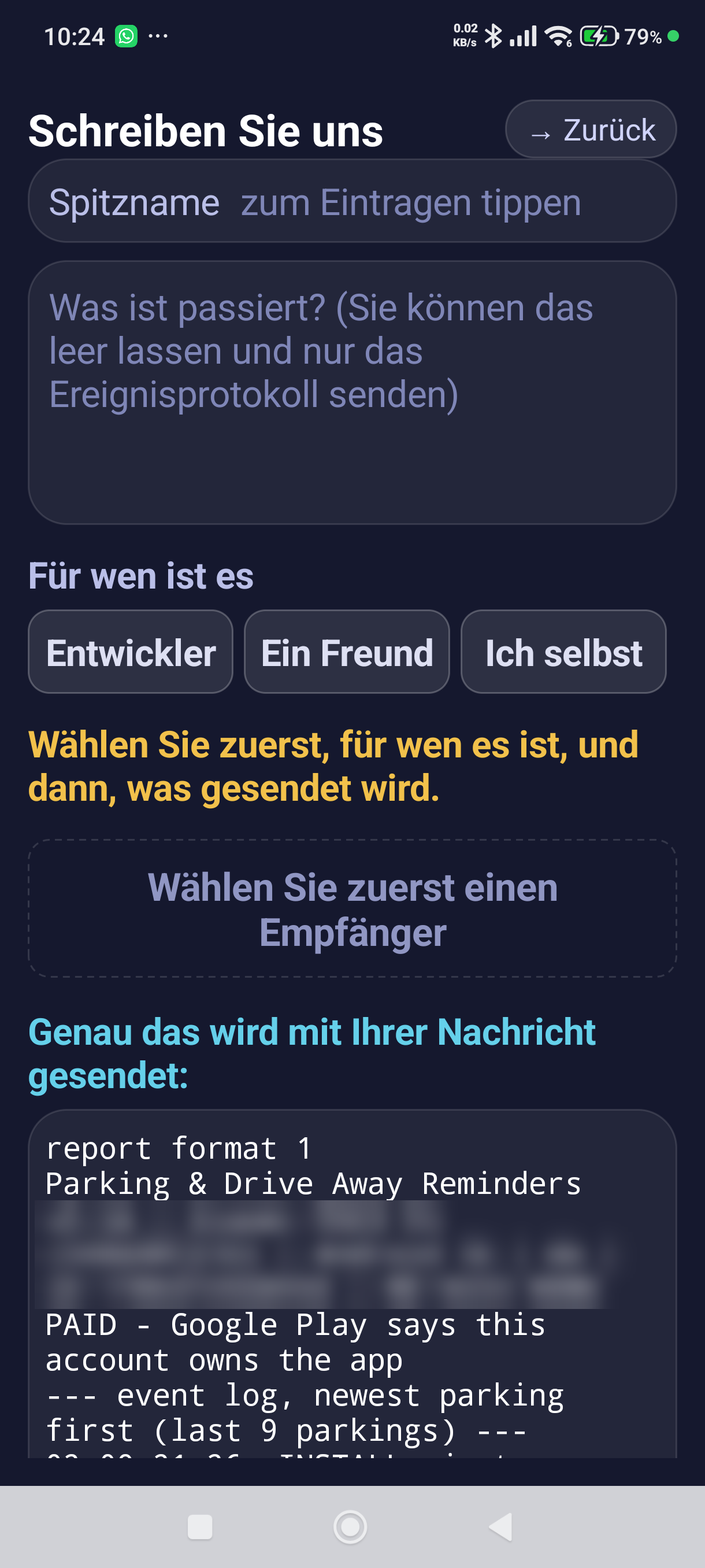 Der Bildschirm „Schreiben Sie uns“ und die Vorschau dessen, was gesendet wird