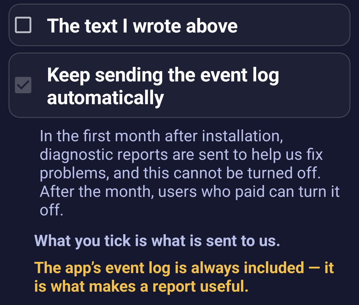 The automatic report switch on the 'Write to us' screen