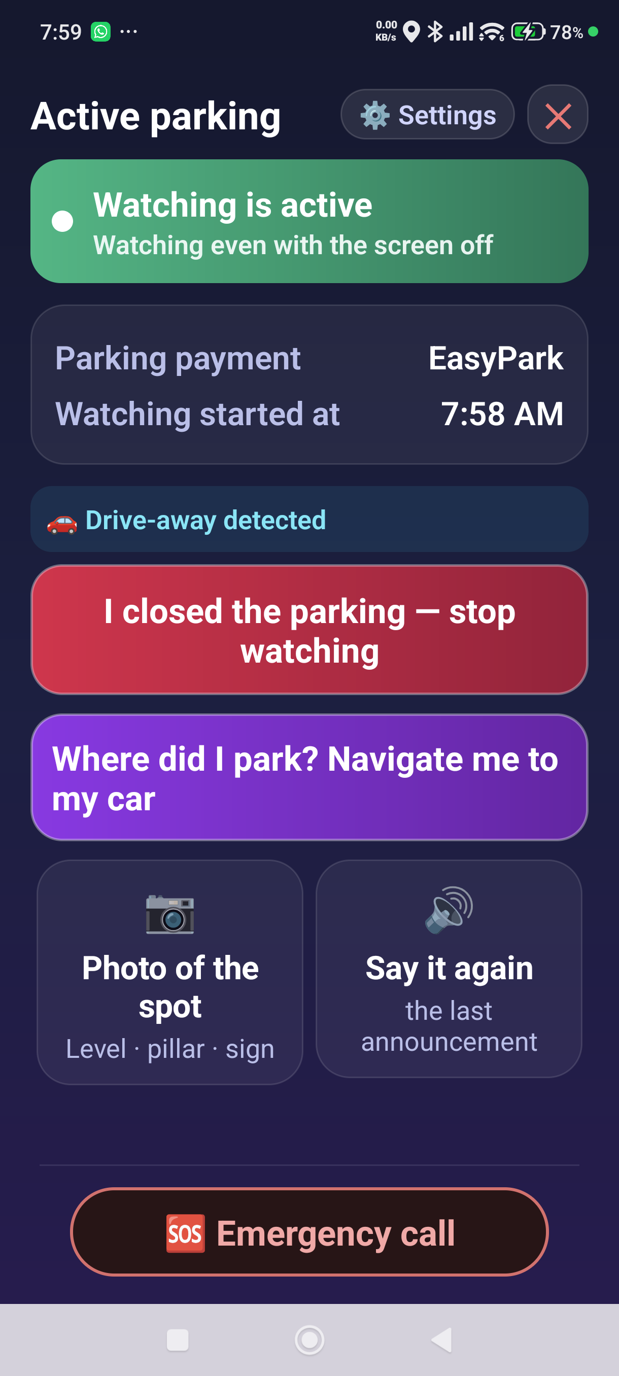 The parking screen after a drive was detected — “Drive-away detected”