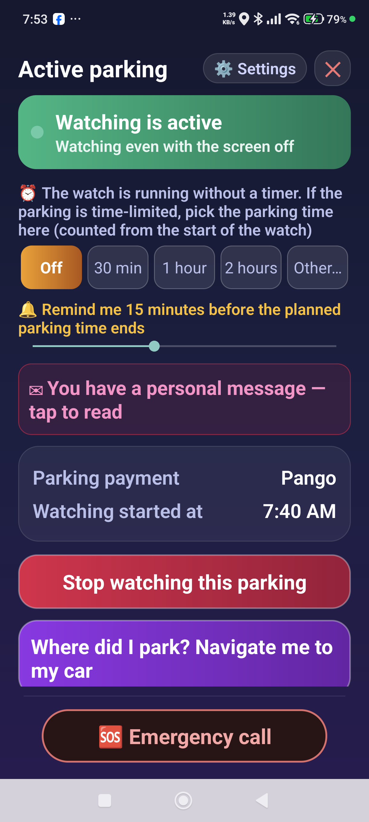 The pink bar on the active parking screen