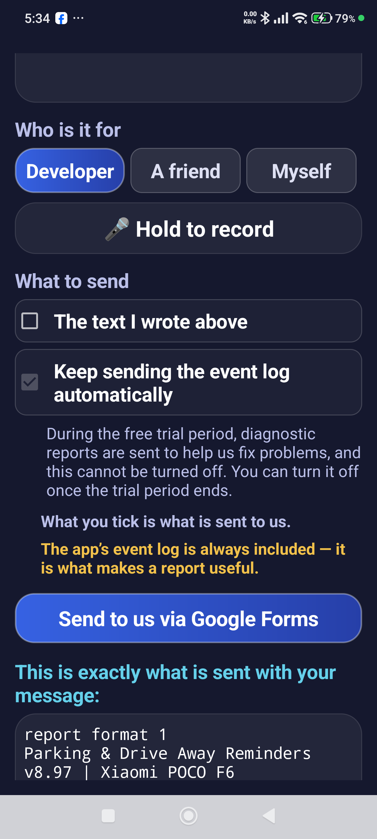 The 'Write to us' screen and the preview of what is sent
