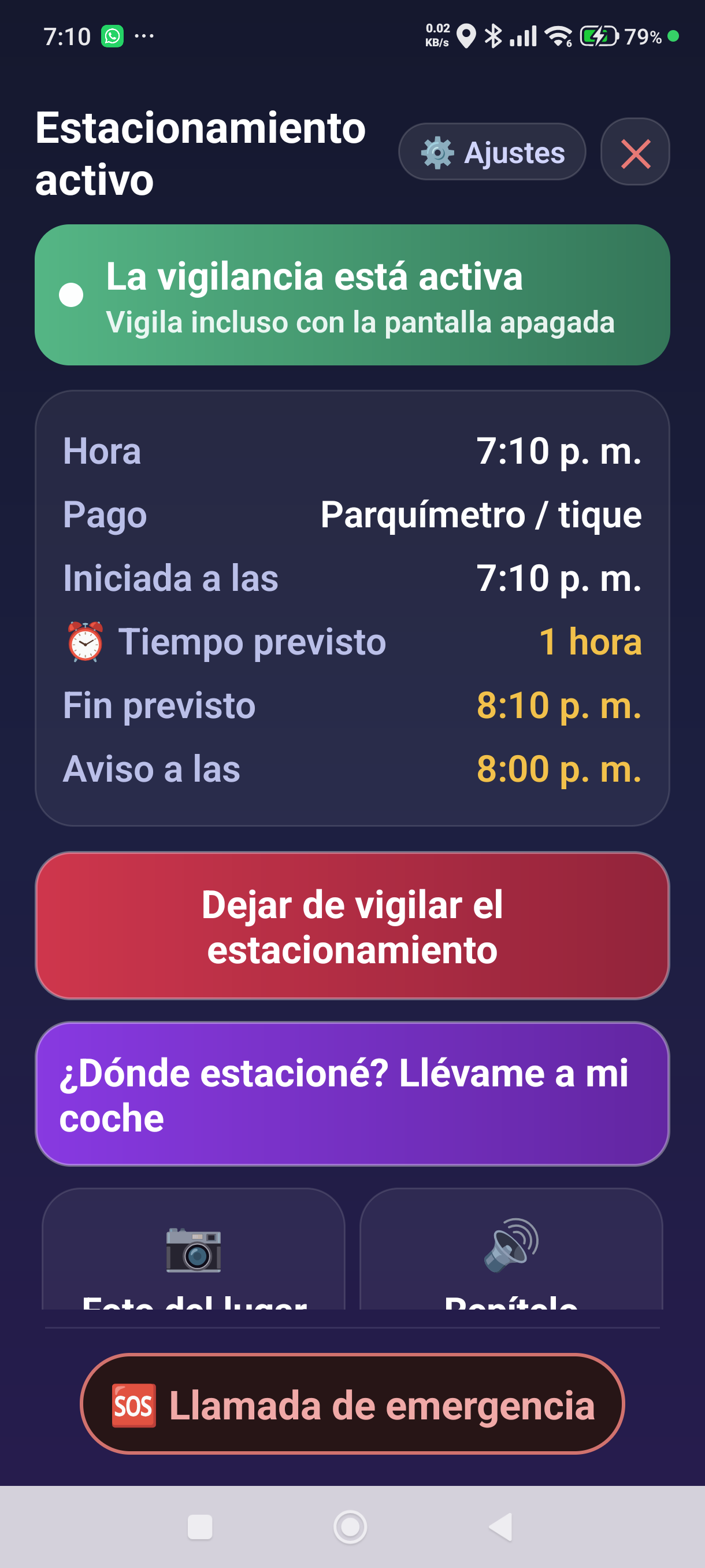 La pantalla de estacionamiento activo para un estacionamiento iniciado en un parquímetro o con un tique