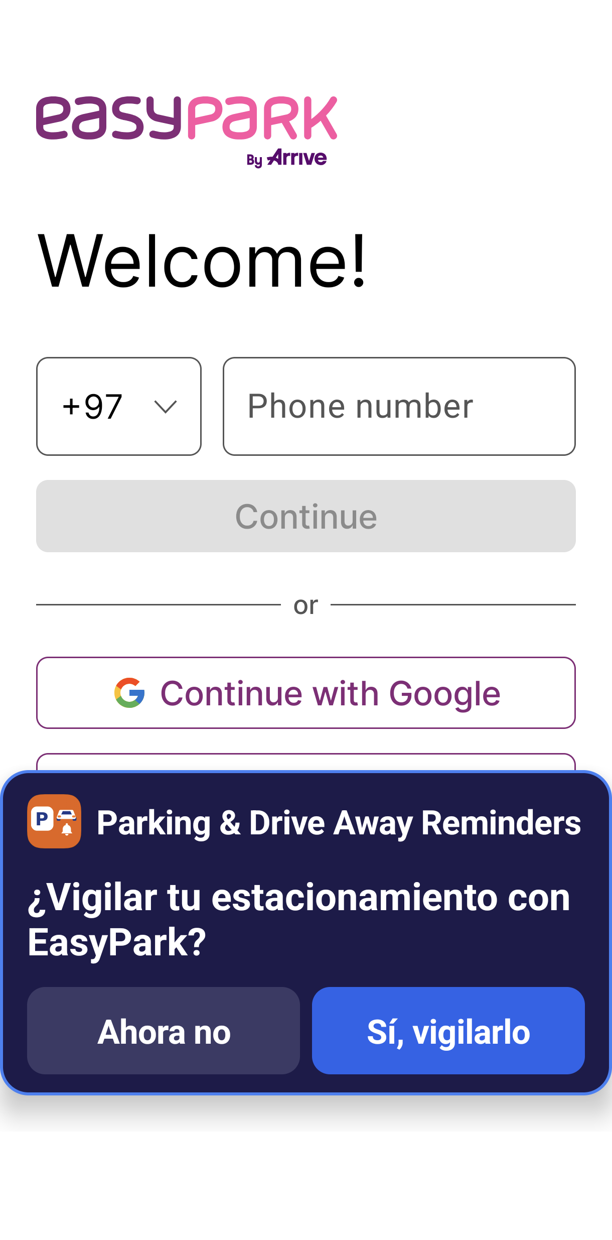 La tarjeta aparece encima de la app de estacionamiento — un toque y la vigilancia está activa