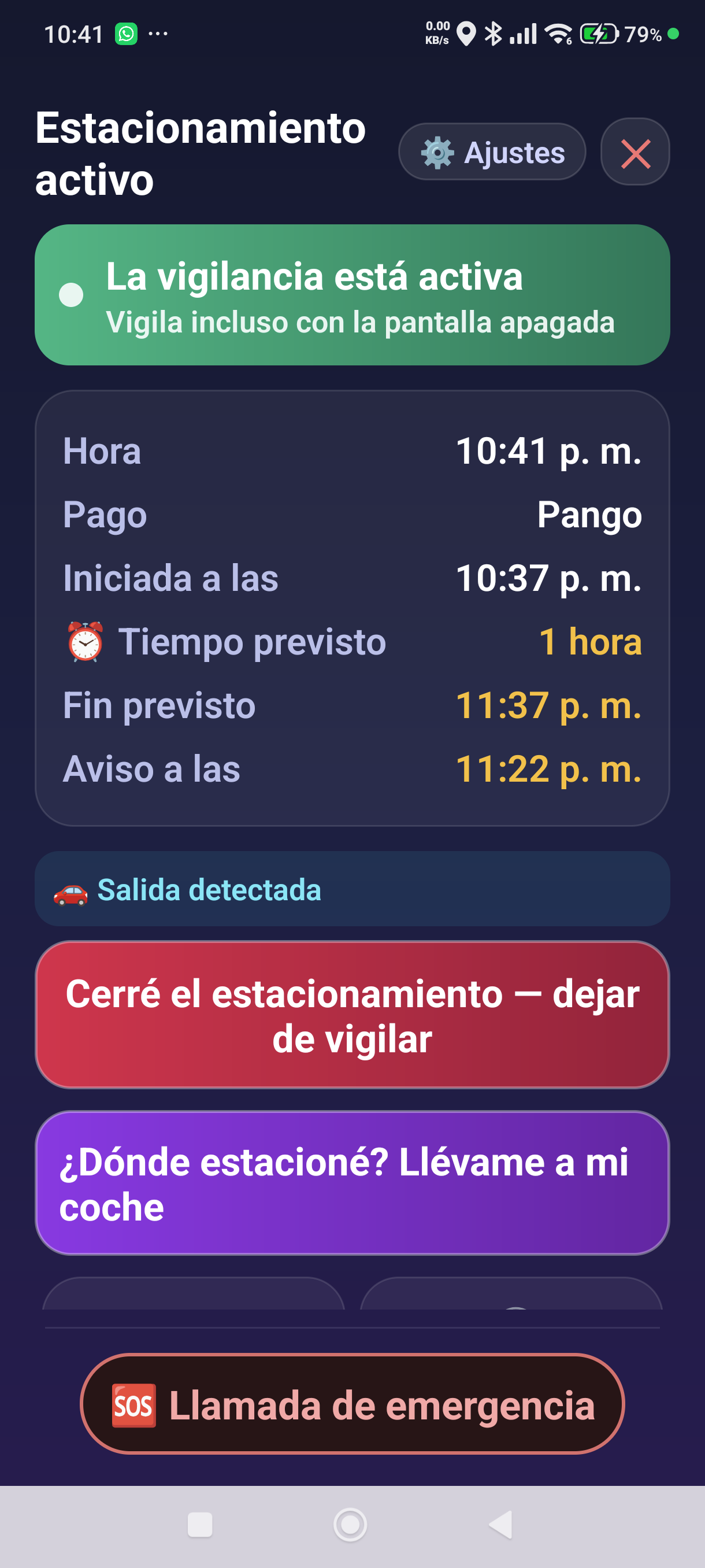 La pantalla del estacionamiento tras detectarse una salida — «Salida detectada»