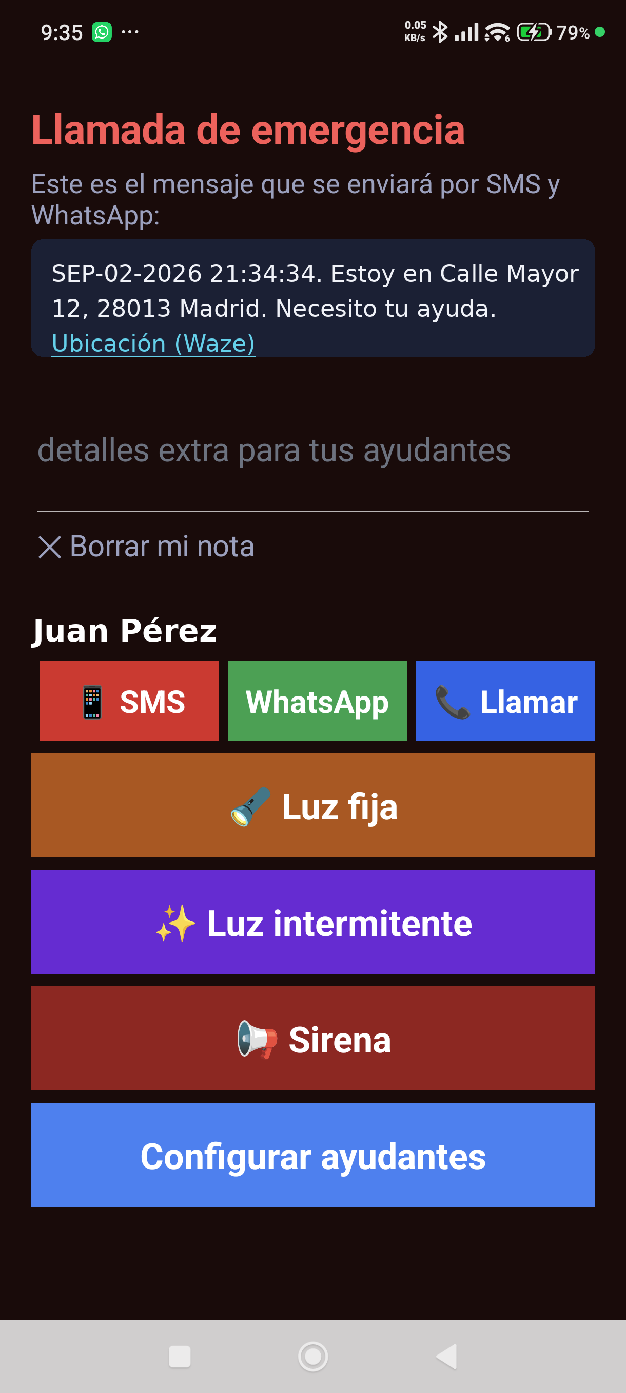 La pantalla de emergencia · los datos de la imagen son de ejemplo