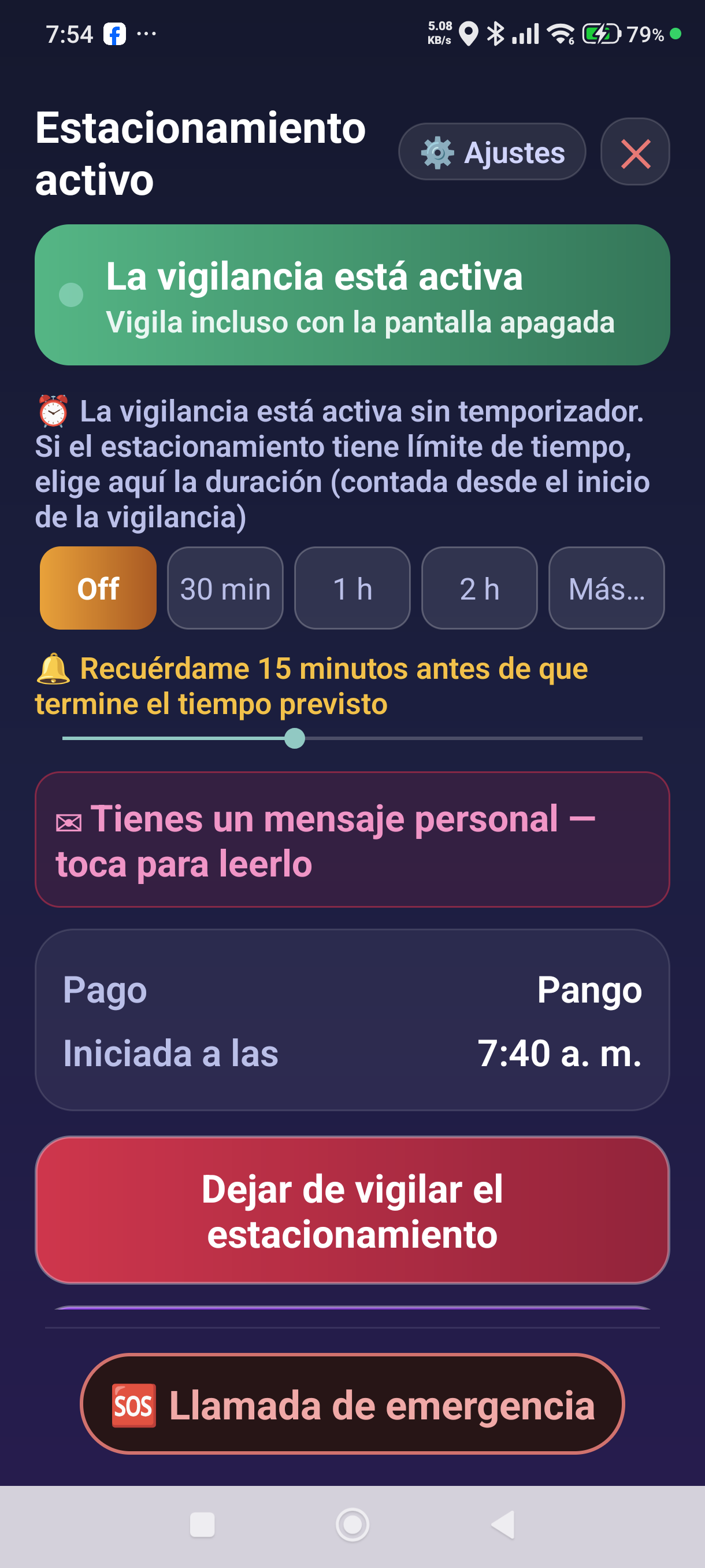 La barra rosa en la pantalla de estacionamiento activo