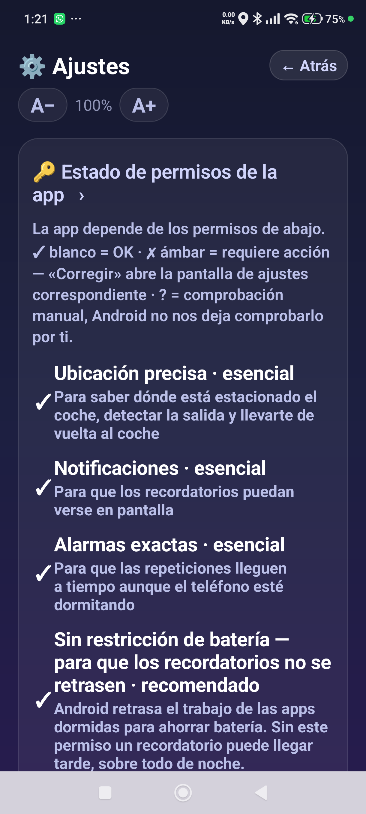 El estado de permisos de la app
