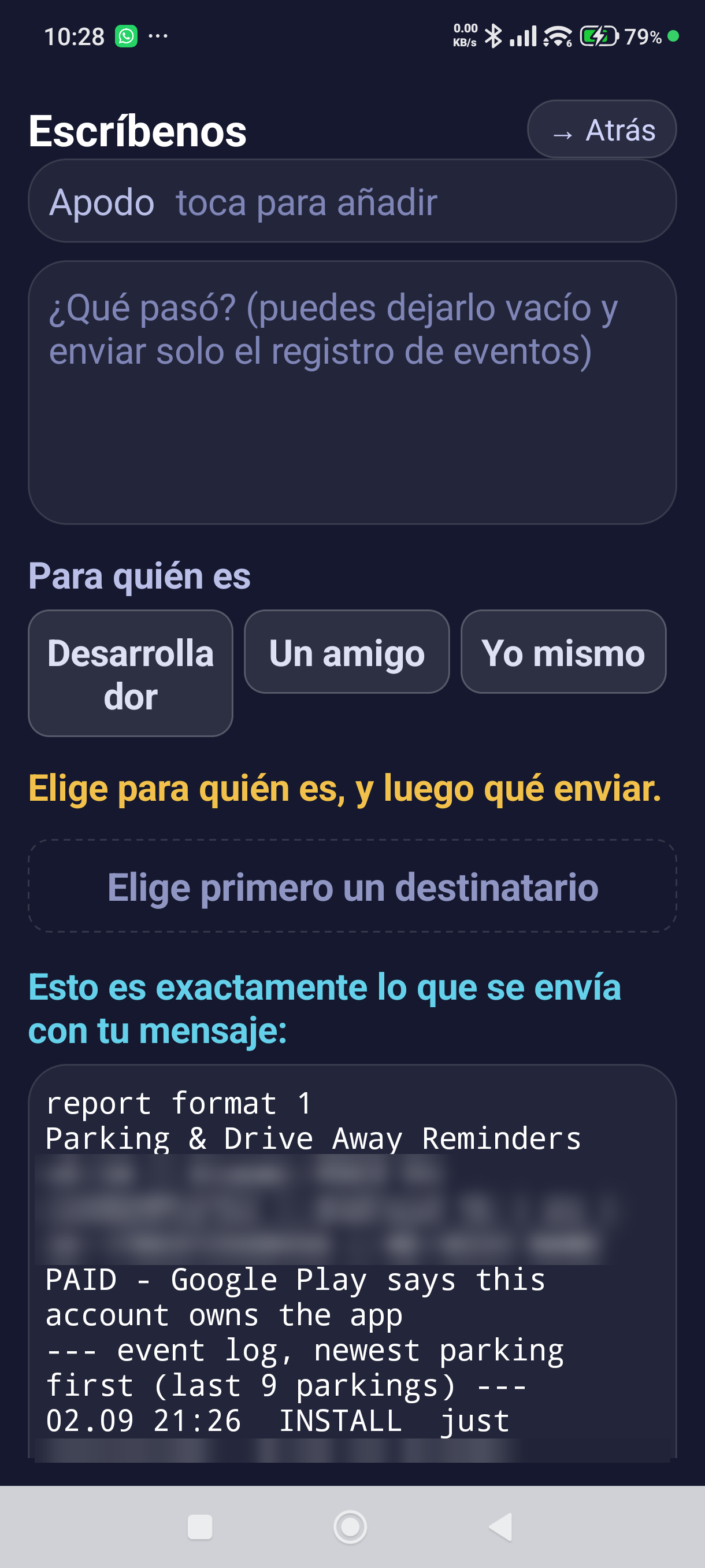 La pantalla «Escríbenos» y la vista previa de lo que se envía