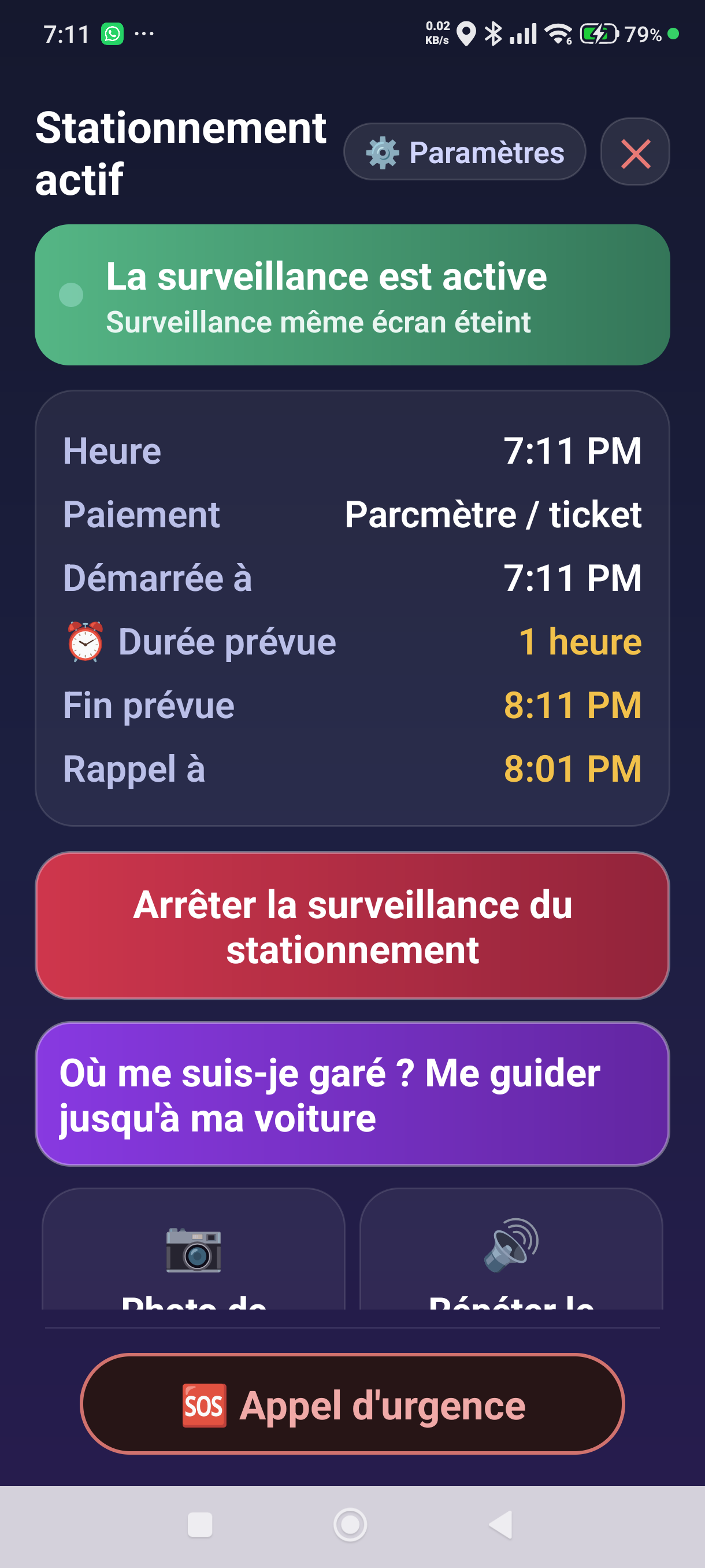 L'écran du stationnement actif pour un stationnement démarré au parcmètre ou avec un ticket de stationnement