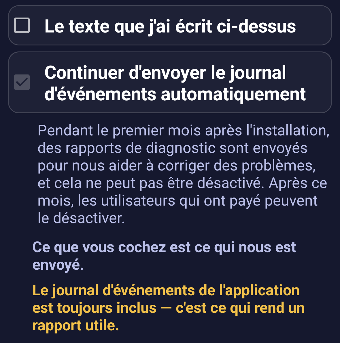 L'interrupteur du rapport automatique sur l'écran « Écrivez-nous »