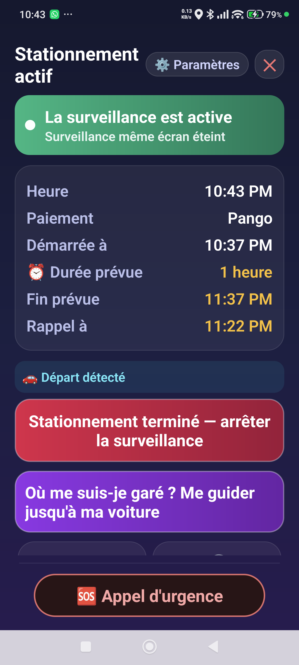 L'écran du stationnement après la détection d'un départ — « Départ détecté »