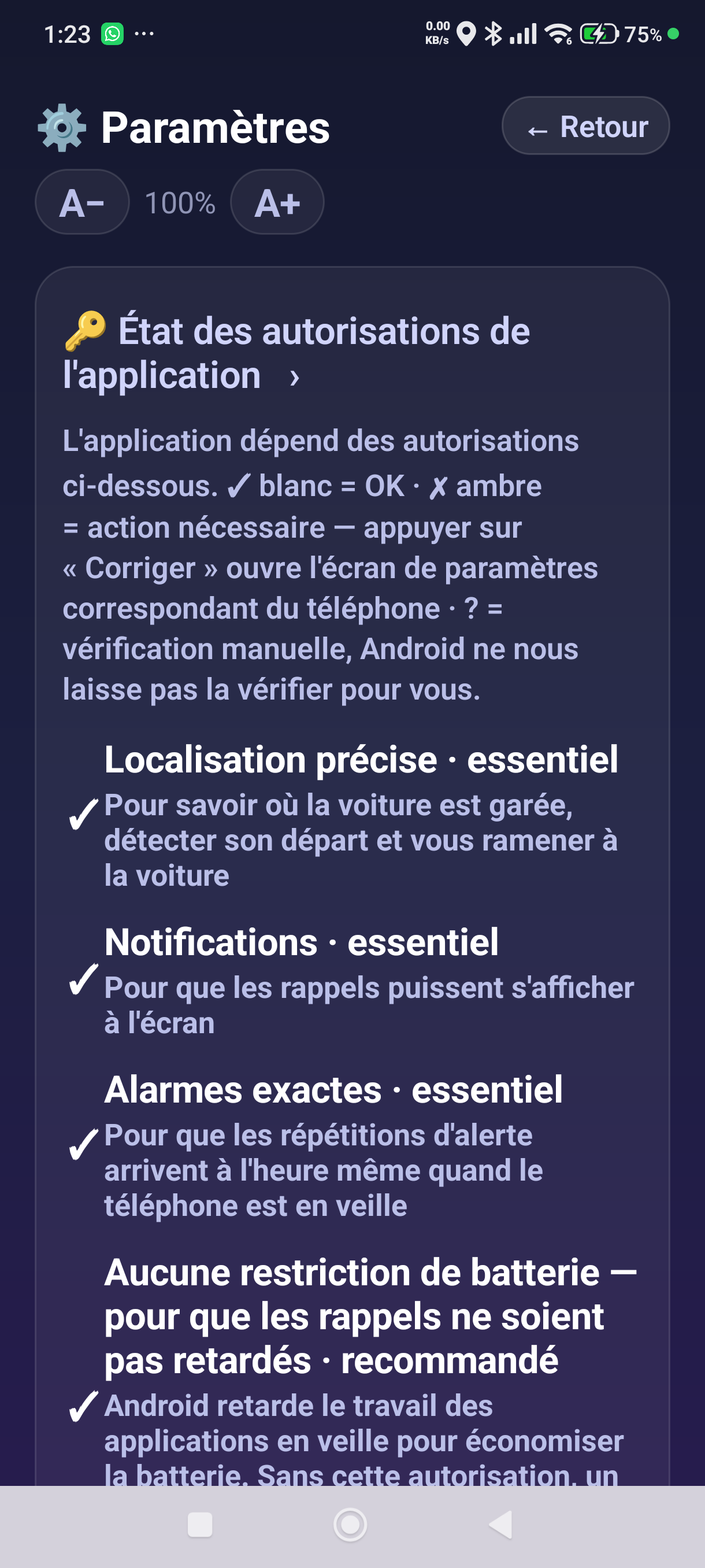 L'état des autorisations de l'application
