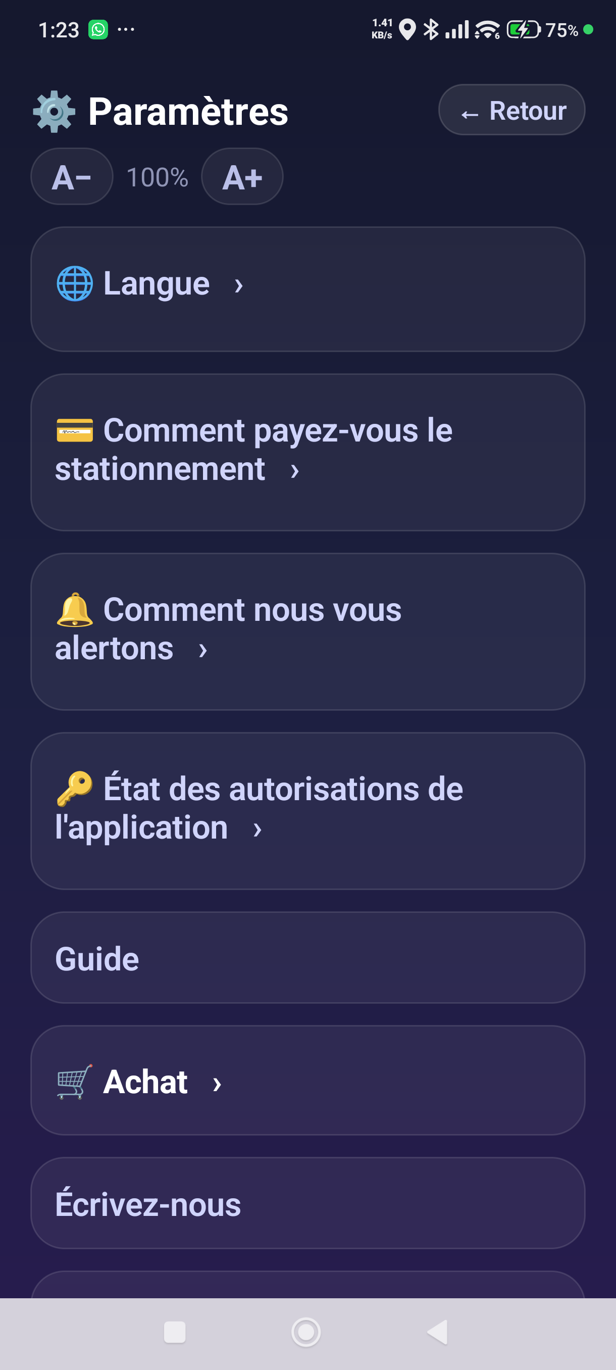 L'écran des paramètres
