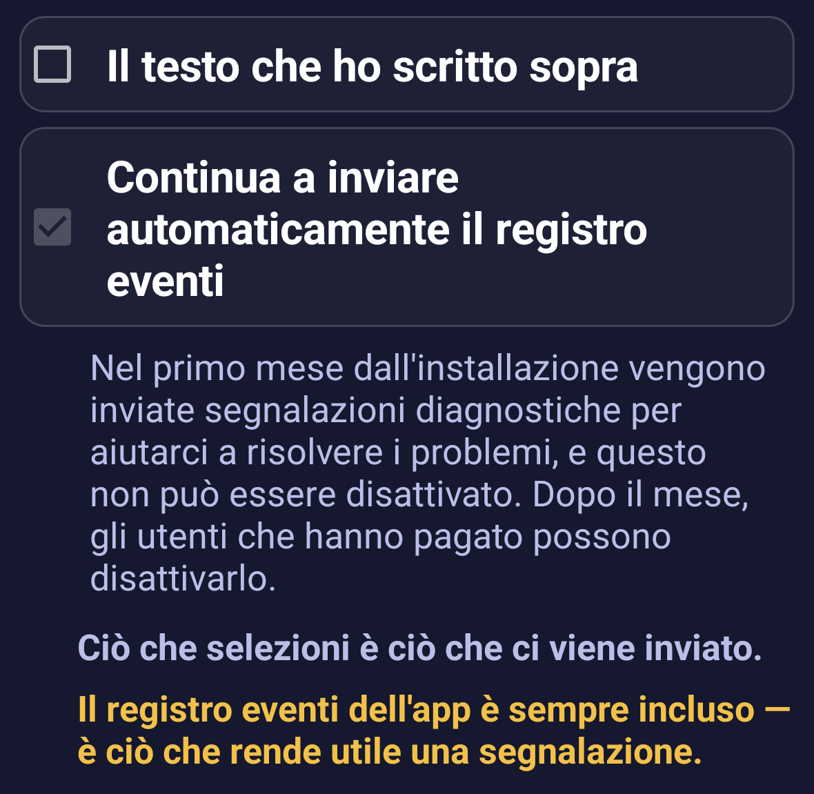 L'interruttore della segnalazione automatica nella schermata «Scrivici»