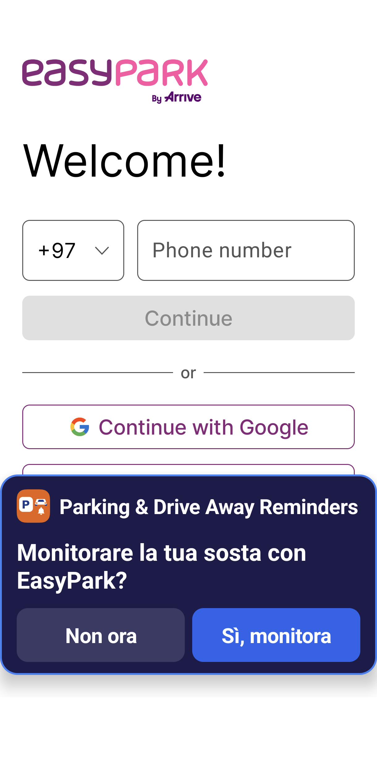 La scheda compare sopra l'app di parcheggio — un tocco e il monitoraggio è attivo