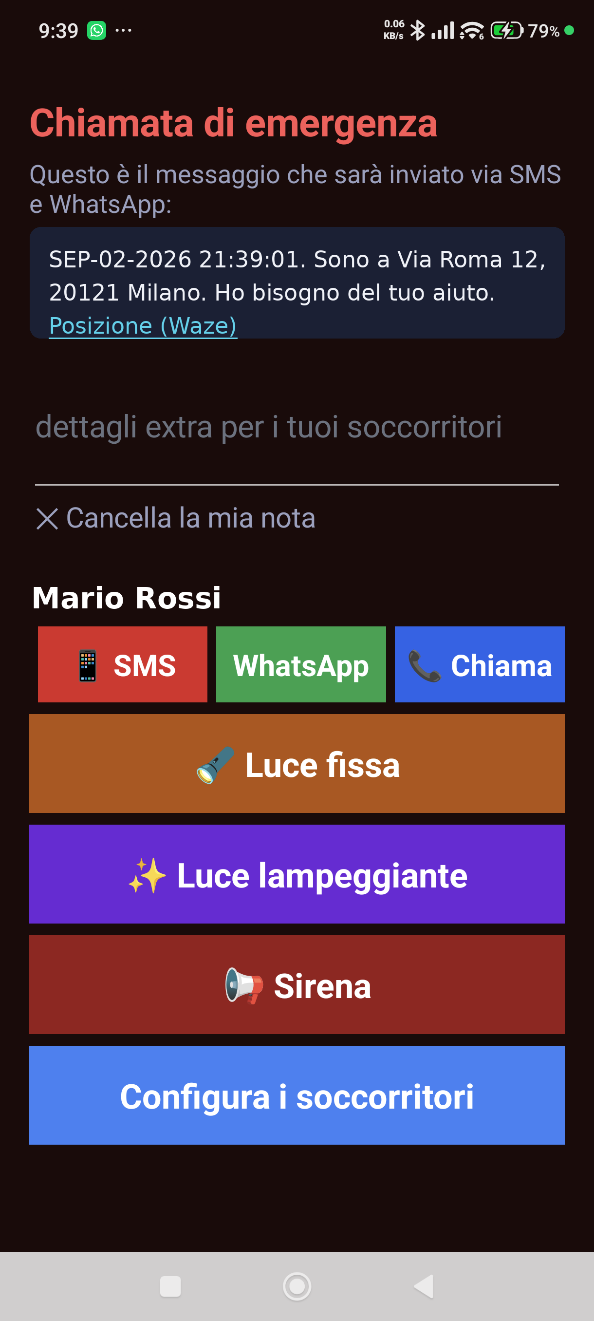 La schermata di emergenza · i dati nell'immagine sono di esempio