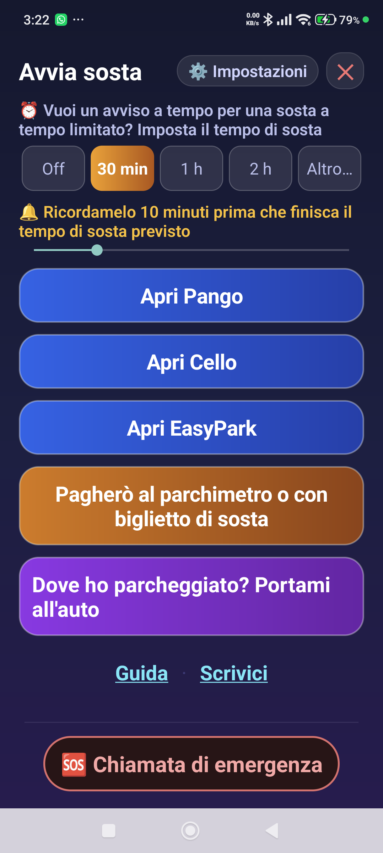 La schermata di avvio del monitoraggio — un pulsante per ogni app di parcheggio e la scelta del tempo