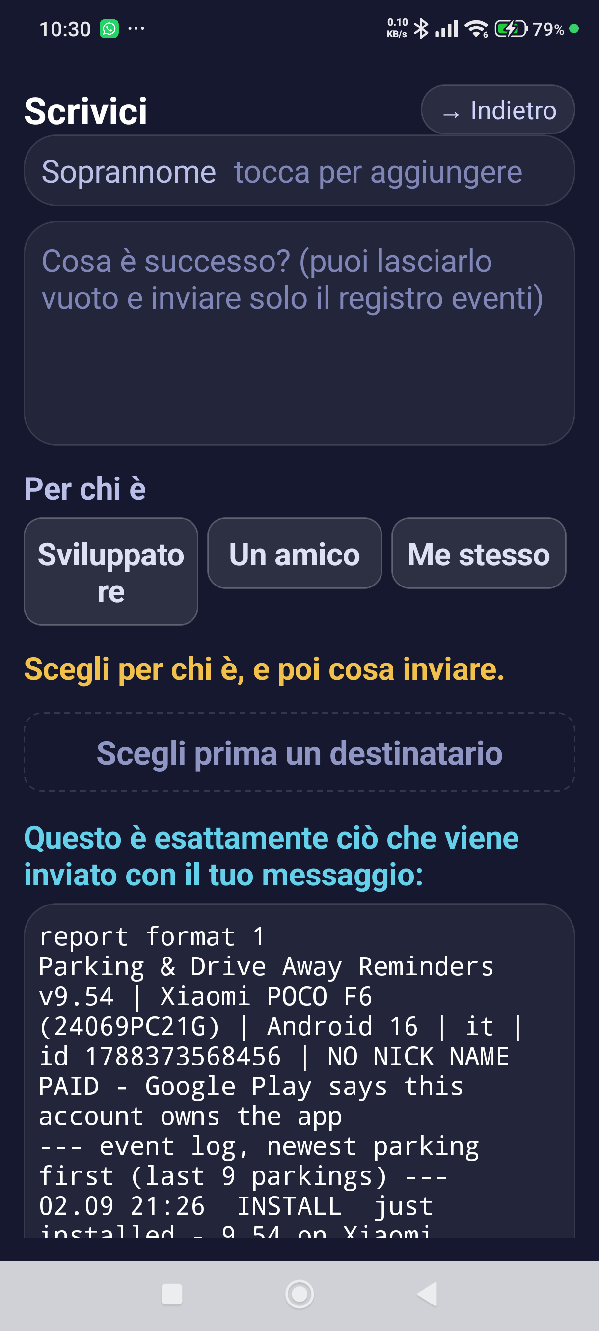 La schermata «Scrivici» e l'anteprima di ciò che viene inviato